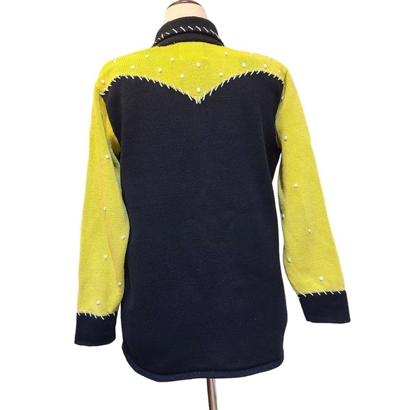 Storybook Knits Womans L - Black and Yellow Floral Paisly Knit Cardigan Sweater - Picture 2 of 4